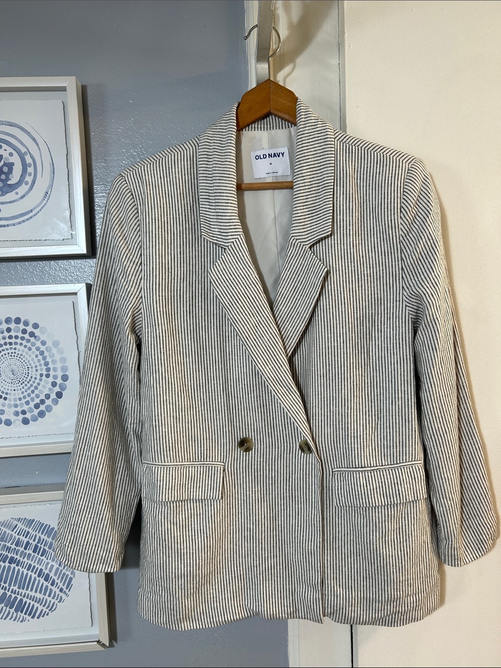 Old Navy Striped Linen Blend Blazer Jacket Womens Sz M Double Breasted Relaxed